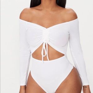Pretty Little Thing White Ruched Bardot Bodysuit